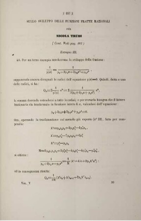 Sullo sviluppo delle funzioni fratte razionali (Cont. Vedi pag. 105).