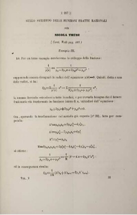 Sullo sviluppo delle funzioni fratte razionali (Cont. Vedi pag. 105).