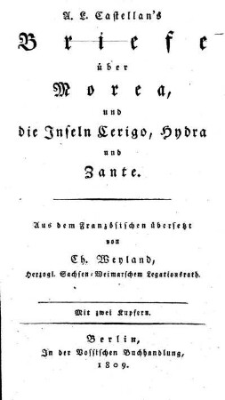 Briefe ueber Morea und die Inseln Cerigo, Hydra und Zante