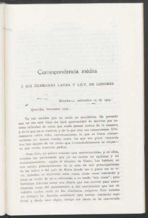 Correspondencia inédita : A sus hermanas Laura y Lily, en Londres