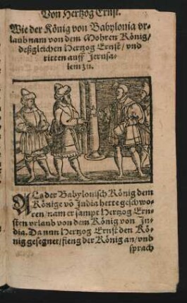 Wie der König von Babylonia urlaub nam von dem Mohren König/ deßgleichen Hertzog Ernst/ und ritten auff Jerusalem zu.