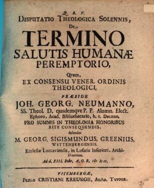 Disputatio Theologica Solennis, De Termino Salutis Humanae Peremptorio