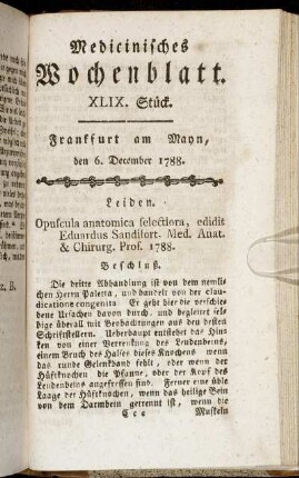 XLIX. Stück. Frankfurt am Mayn, den 6. December 1788. - LII. Stück. Frankfurt am Mayn, den 27. December 1788.