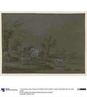 Kühe, Ziegen und Schafe mit ihren Hirten in einer Landschaft