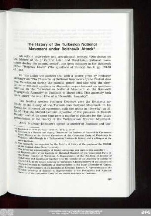 The History of the Turkestan National Movement under Bolshewik Attack