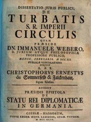 Dissertatio Juris Publici De Turbatis S. R. Imperii Circulis