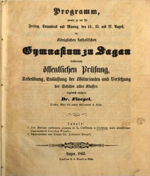 Joh. Bakium orationem primam in L. Catilinam a Cicerone male abiudicasse demonstravit Carolus Franke : (Gymnasial-Programm)