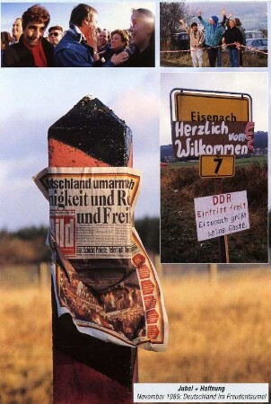 Diverse Bilder von der Grenzöffnung 1989 an der innerdeutschen Grenze, Grenzpfahl mit BILD-Zeitung in Hohegeiß im Harz
