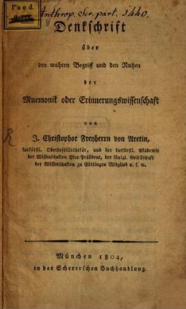 Denkschrift über den wahren Begriff der Mnemonik