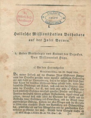 Ueber Mythologie und Kultus der Dajacken