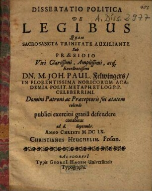 Dissertatio Politica De Legibus