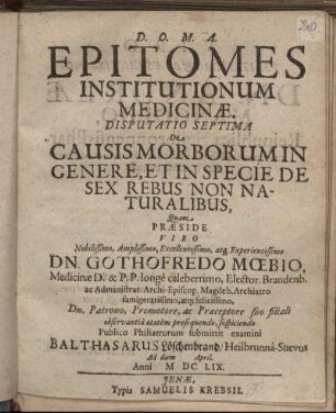 Epitomes Institutionum Medicinae. Disputatio Septima De Causis Morborum In Genere, Et In Specie De Sex Rebus Non Naturalibus