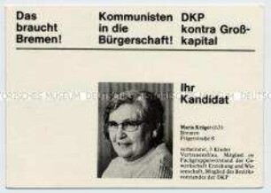 Propagandaschrift der DKP Bremen zur Bürgerschaftswahl 1971 mit dem Porträt einer Kandidatin