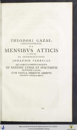 Theodorus Gaza: De Mensibus Atticis Liber Ex Interpretatione Joannis Perelli.