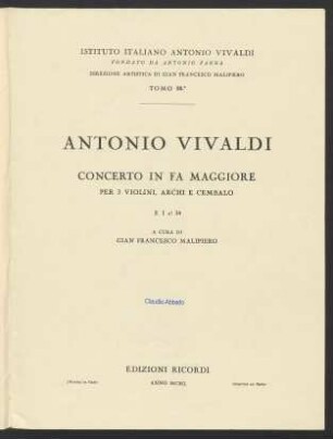 Concerto in Fa maggiore per 3 violini, archi e cembalo : F. I no. 34