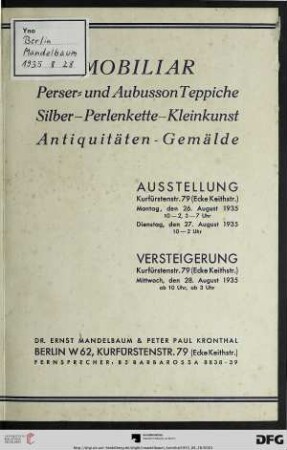 Mobiliar, Perser- und Aubusson-Teppiche, Silber, Perlenkette, Kleinkunst, Antiquitäten, Gemälde : 26. - 28. August 1935