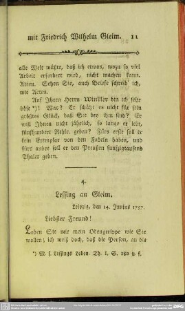 4. Lessing an Gleim. Leipzig, den 14. Junius 1757