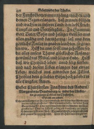 Gebet Churfürsten Joachimi des Andern/ Marggrafen zu Brandenburg/ [et]c. wider den Türcken/ den grawsamen Erbfeind der Christenheit.