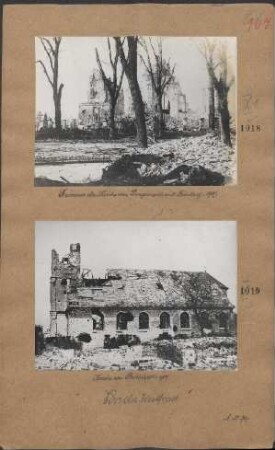 Trümmer der Kirche von Langemark mit Friedhof 1917