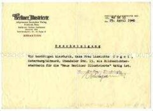 Arbeitsbescheinigung für die Bildberichterstatterin der Redaktion "Neue Berliner Illustrierte" Liselotte Orgel