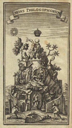 Mons Philosophorum. Frontispiz aus: Zacaire, Denis: Die Natürliche Philosophia und Verwandelung der Metallen in Gold und Silber : durch das allerhöchste Geheimniß, welches genennet wird Der Lapis Philosophorum, wie solchen der Weltberühmte Philosophus ... würcklich selbst gemachet... 1724. Dresden: SLUB Chem.1264