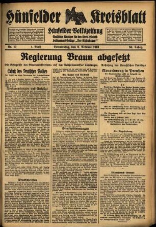 Erste Ausgabe vom Donnerstag, den 09. Februar 1933.