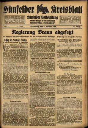 Erste Ausgabe vom Donnerstag, den 09. Februar 1933.