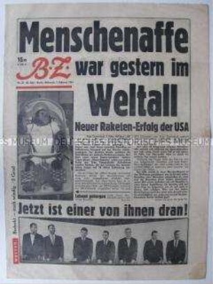 Umschlagblatt der West-Berliner Tageszeitung "BZ" zum ersten Weltraumflug der USA mit einem Menschenaffen an Bord