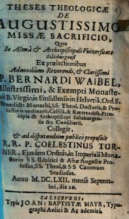 Theses Theologicae De Augustissimo Missae Sacrificio