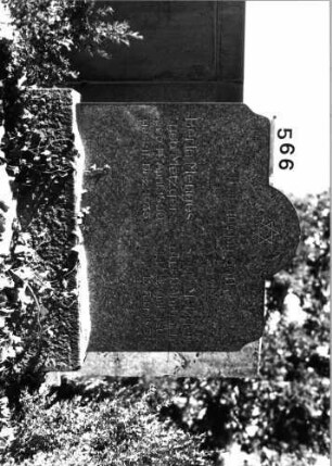 Grabstein 566 (Index: 100092085) Material: Granit Zustand: gut Maße HxBxT: 110x102x21 cm Beschreibung: aufgesockelte Stele mit eingezogenem Rundbogenabschluß Symbolik: Davidstern: Grabstein 566
