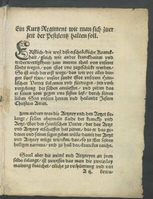 Ein Kurtz Regiment wie man sich zuer zeit der Pestilentz halten soll.