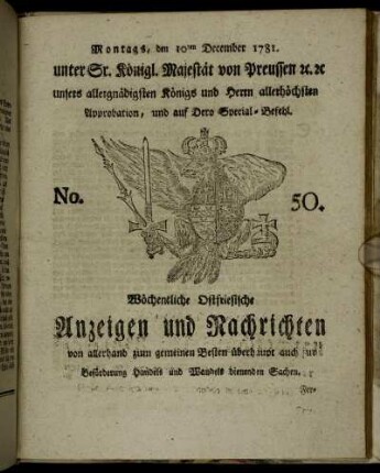 No. 50. Montags, den 10ten December 1781.