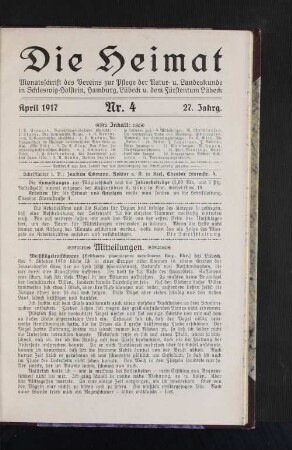 April 1917, 27. Jahrgang, Nr. 4 : Monatsschrift des Vereins zur Pflege der natur- und Landeskunde in Schleswig-Holstein, hamburg, Lübeck und dem Fürstentum Lübeck.