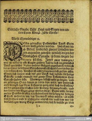 Göttliche Gnade, Licht, Heyl, und Segen von unseren Ehren Könige Jesu Christo!