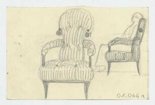 Sitzmöbelstudie mit Figur : Sessel in Vorder- und Seitenansicht, Seitenansicht mit weiblicher Figur