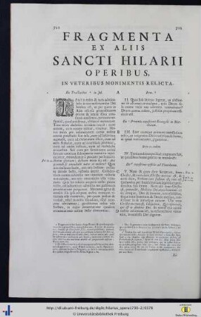 Fragmenta Ex Aliis Sancti Hilarii Operibus, In Veteribus Monimentis Relicta.