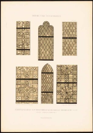 Blankverglasung, Gudensberg, Witzenhausen, Marienstatt: Ansichten Fenster (aus: Ornamentale Glasmalereien d. Mittelalters u. d. Renaissance, 1885)