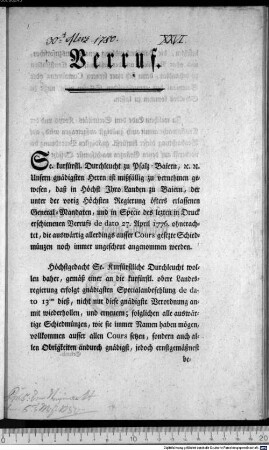 Verruf. : So geschehen München den 30. Merz 1780. Kurpfalz-Baierisch obere Landesregierung allda. Franz Ignaz Steger, Sekretär.