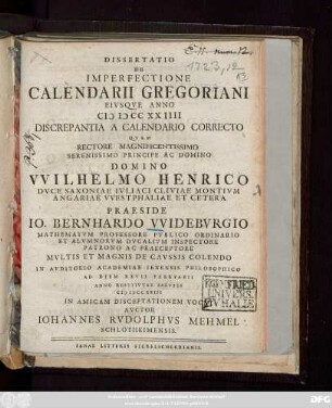 Dissertatio De Imperfectione Calendarii Gregoriani Eivsqve Anno MDCC XXIIII Discrepantia A Calendario Correcto