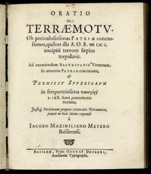 Oratio De Terraemotu Ob periculosissimas Patriae concusiones, quibus illa A.O.R. MDCL. ancipiti terrore saepius trepidavit