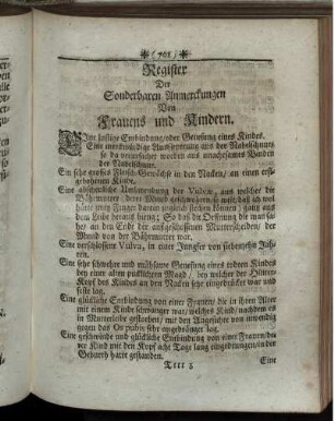 Register Der Sonderbaren Anmerckungen Von Frauens und Kindern.