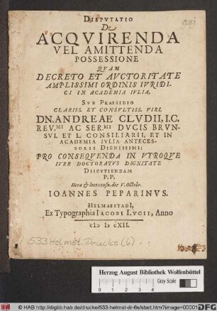 Disputatio De Acquirenda Vel Amittenda Possessione
