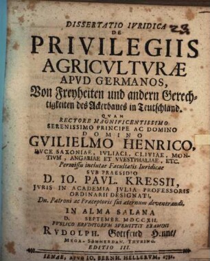 Disp. ... de privilegiis agriculturae apud Germanos