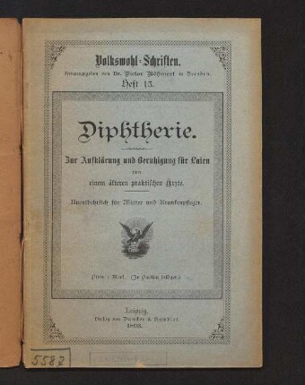 Diphtherie : zur Aufklärung und Beruhigung für Laien