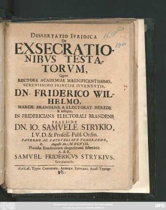 Dissertatio Iuridica De Exsecrationibus Testatorum