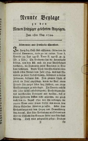Neunte Beylage zu den Neuen Leipziger gelehrten Anzeigen. Zum 1sten May 1794.
