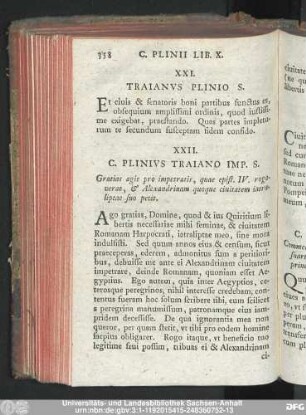 XXII. C. Plinius Traiano Imp. S. Gratias agit pro impetratis, quae epist. IV. rogaverat, & Alexandrinam quoque civitatem iatraliptae suo petit.