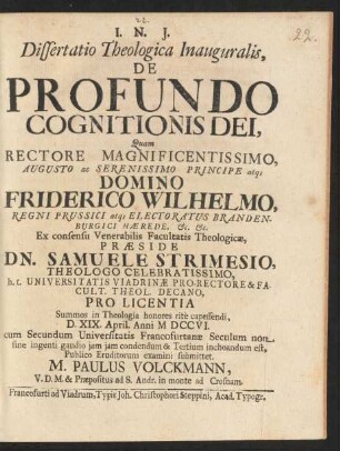Dissertatio Theologica Inauguralis, De Profundo Cognitionibus Dei