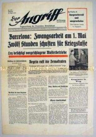 Berliner NS-Tageszeitung "Der Angriff" u.a. zum Spanischen Bürgerkrieg und über nationalsozialistische "Musterbetriebe"
