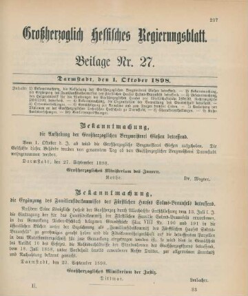 1. Oktober-30. Dezember = Beilage Nr. 27-33